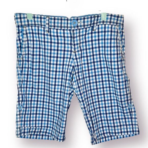 American Eagle Outfitters White Blue Plaid Roll Tab Bermuda Cotton Shorts Size 8 - Picture 3 of 10